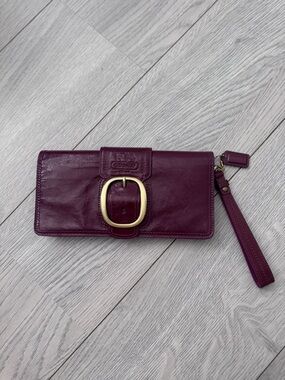 Coach Plum Leather Wristlet Clutch with Gold Buckle